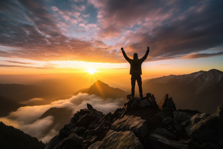 Serenity at Sunrise: Silhouetted Hikers Embrace Mountain Majestyの素材