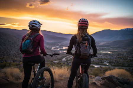 Exploring Scenic Trails: Two Adventurous Ladies Enjoying Nature on Their Mountain Bikesの素材
