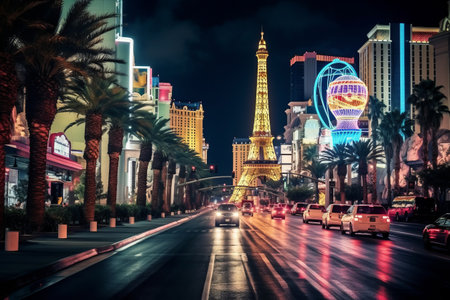 Vibrant Nightlife on Las Vegas Boulevard: Captivating August Evening in Las Vegas, Nevadaの素材