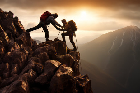 Conquering Heights Together: Inspiring Camaraderie of Two Male Hikersの素材