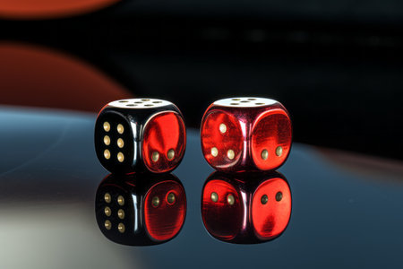 Rolling Luck: A Captivating Image of Red and Black Dice Reflecting on Six and Sixの素材