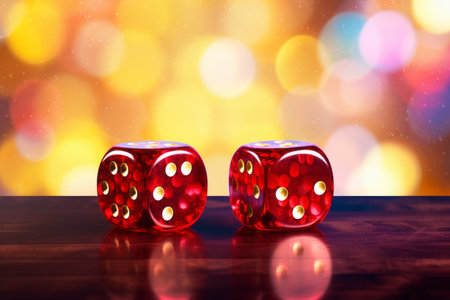 Shining Luck: Sixes, Colors, and Celebration - Unveiling the Festive Win with Two Red Glass Dice on a Polished Wooden Tableの素材