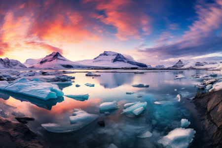 Majestic Winter Wonderland: A Captivating View of Iceland's Snowy Rocky Mountains and Frozen Lake at Sunsetの素材