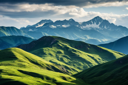 Captivating Serenity: The Enchanting Green Mountains of Aktoprak Pass at Sunset in North Caucasus, Russiaの素材
