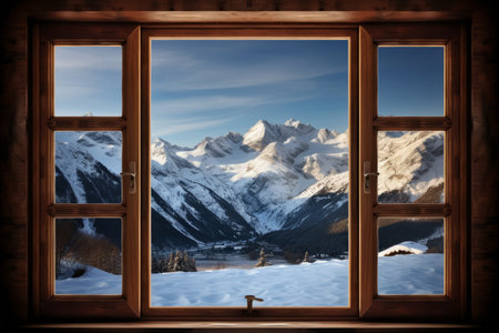 Frozen Serenity: The Enchanting Snowy Mountains Through the Dark Windowの素材