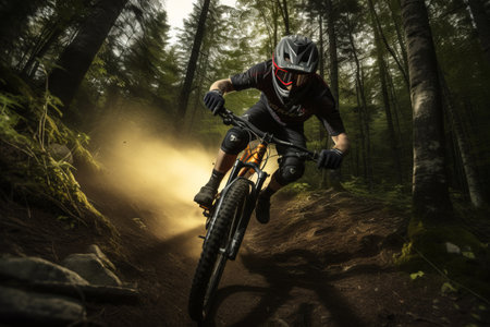 Capturing the Thrill: A Breathtaking Mountain Biker's Descent on a Woodland Trailの素材