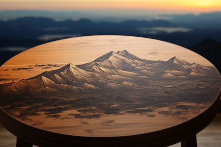 Nature-Inspired Tranquility: Captivating Mountain Landscape Etched on Wooden Tabletop â Irag439995 Relaxed_98の素材