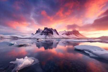 Captivating Frozen Beauty: Majestic Rocky Mountains and Frozen Lake in Iceland's Enchanting Sunsetの素材