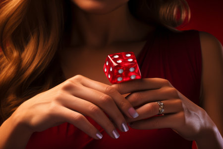 The Thrill of Chance: Woman's Hand Embraces the Gambling Red Diceの素材