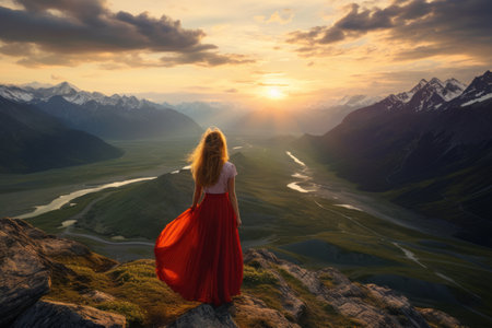 Inspiring Sunset Beauty: Woman Conquers Altai Mountain Summit During Stunning Summer Evening - LA_96の素材