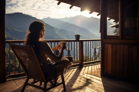 Captivating Coffee Moments: The Serenity of a Young Beautiful Woman on a Balconyの素材