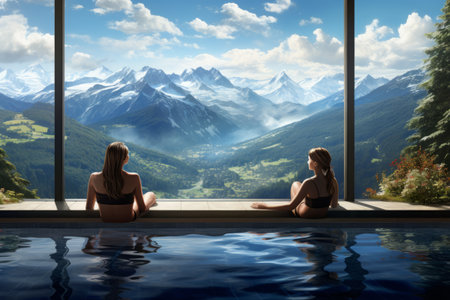 Unwinding in the Alps: Women Delighting in the Breathtaking Pool Vistasの素材