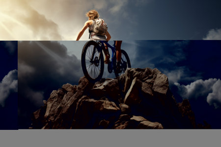 Thriving Youth: Empowered Athlete Conquers New Horizons with Bike atop Irag439_98 Rockの素材