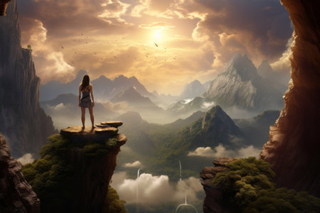 On the Brink of Triumph: A Woman's Solitary Stand at the Edge of Mount_55の素材