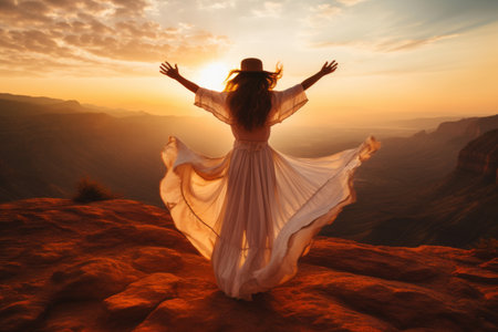 Majestic Elegance: A Woman in a White Dress Illuminated by Sunset atop a Mountainの素材