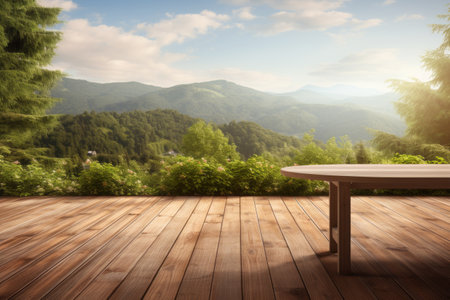 Immersing in the Serenity: Morning Fresh Atmosphere on the Wooden Table Terraceの素材