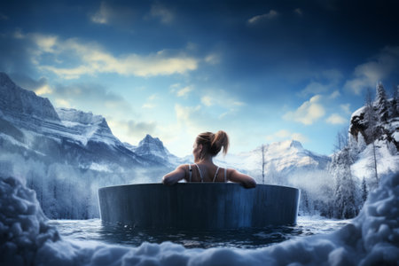 Embracing Winter Bliss: Young Woman Indulging in a Hot Tub at the Enchanting Mountainsの素材