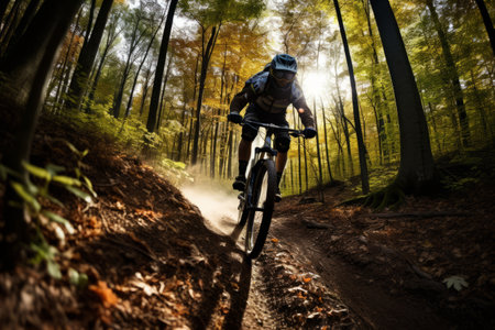 Into the Thrilling Unknown: Exhilarating Downhill Adventure of a Mountain Biker on a Serene Forest Trailの素材