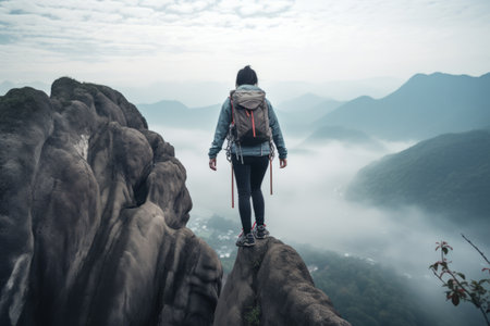 Scaling Heights with Confidence: The Fearless Journey of a Young Asian Woman Hikerの素材