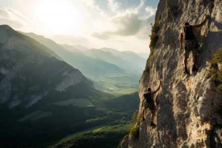 Embracing Heights: A Fearless Young Man Scaling a Limestone Wall, Revealing a Serene Wide Valleyの素材