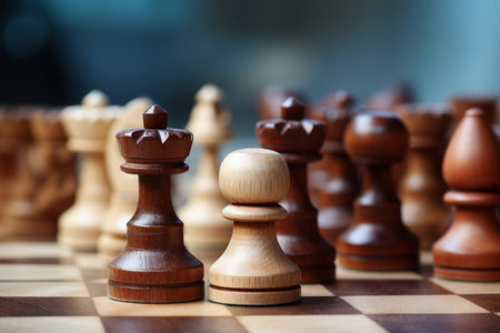 Captivating Close-up: Exquisite Wooden Checkers, Chess Pieces, and Playing Cards on a Light Tableの素材
