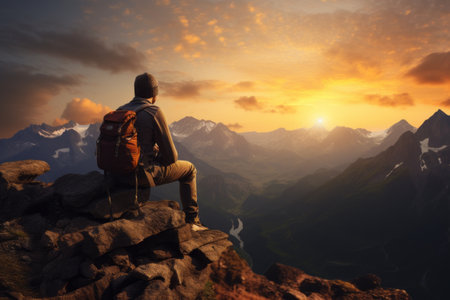 Solitude Serenity: An Adventurous Young Male Hiker Finds Peace atop Mountain Summitの素材