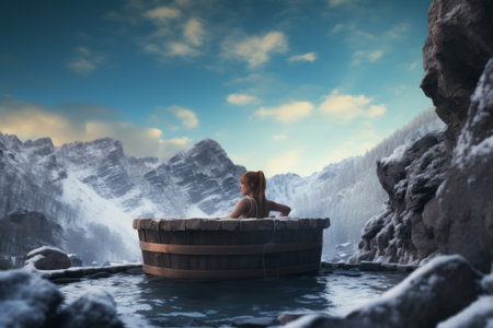 Winter Serenity: A Young Woman Finds Bliss in the Mountain Hot Tubの素材
