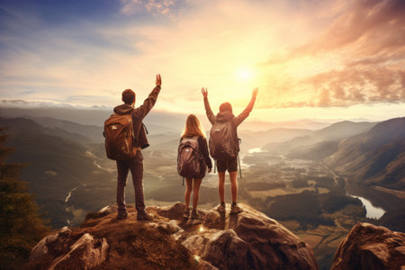 Summit Serenity: Young Adventurous Backpackers Revel in Valley Blissの素材