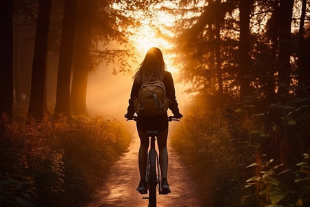 The Serene Journey: A Young Woman Cyclist Embraces the Enchanting Morning Glow on a Summer Forest Trailの素材