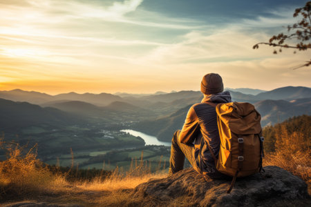 On Top of the World: A Young Male Hiker's Serene Escapeの素材