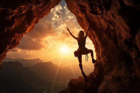 Conquering Boundaries: A Brave Young Woman Defying Limits, Scaling a Challenging Cave at Sunsetの素材