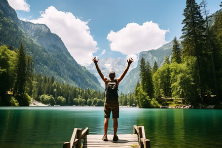 Captivated by Nature's Splendor: A Young Girl's Delightful Encounter with a Mountain Lakeの素材