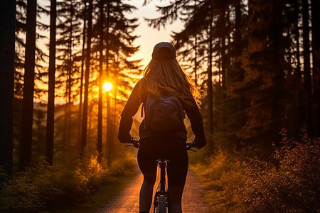 Embracing Nature: A Young Woman Cyclist's Tranquil Morning on a Summer Forest Trailの素材