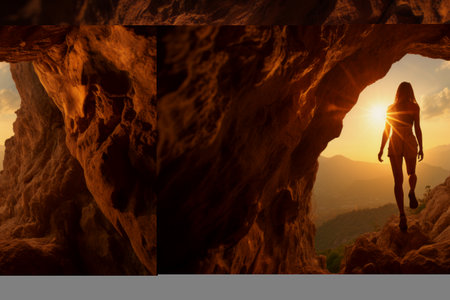 Climbing to New Heights: Young Woman Conquering a Challenging Cave Route at Sunsetの素材