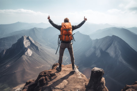 Conquering New Heights: The Thrilling Adventure of a Traveler Climbing to the Mountain Topの素材