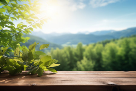 Enchanting Nature-Inspired Decor: Free Space with Blurred Mountain Landscape and Sunlit Skyの素材