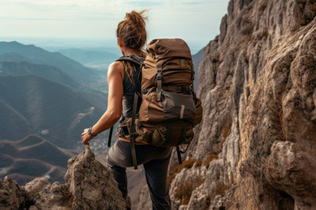 Conquering Nature's Challenge: Fearless Woman Hiker Conquers Steep Rocky Terrain at 3,200 ft.の素材