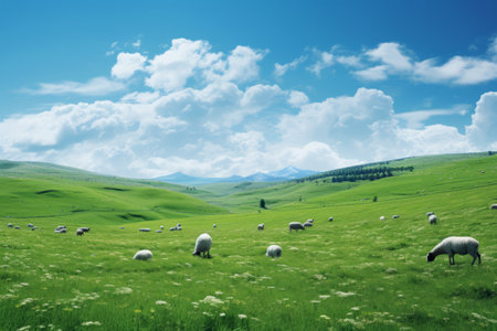 Sheep Serenity: Captivating Summertime Grazing in Green Fieldsの素材