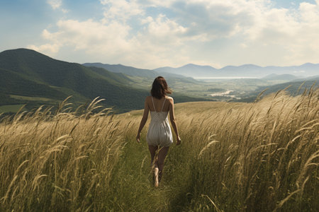 Journeying in Serenity: A Girl's Trek through Mountain Hills amidst Lush Field Grassの素材