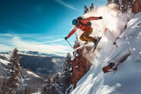Flight of the Powder Master: A Daredevil Skier Soaring off a Backcountry Cliff on a Sunny Colorado Powder Dayの素材