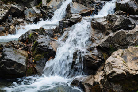 Nature's Serene Rhapsody: A Vertical Capture of a Majestic Cascade on a Rocky Slopeの素材