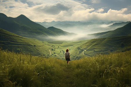 Serene Steps: A Girl's Enchanting Journey Through Mountain Hillsの素材