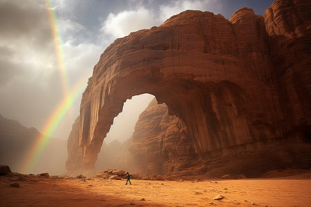 Dust Devil Dances: Traditional-clad Man Brave Beneath Rainbow Rock Arch in Alula, Saudi Arabiaの素材
