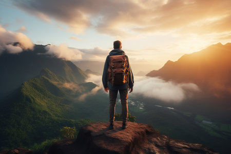 Dawn Wanderlust: A Girl Adventurer Explores Bali's Majestic Mountains and Gazes at Batur Volcanoの素材