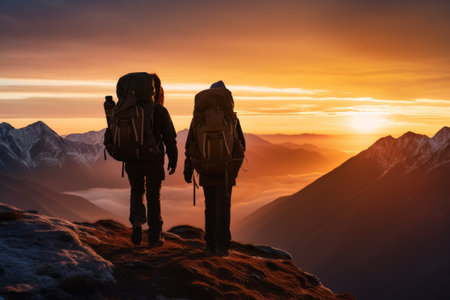Summit Serenity: Adventurous Mountaineers Embrace Spectacular Sunset atop Majestic Mountainの素材
