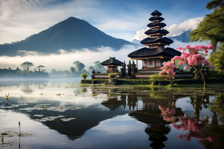 Bali's breathtaking mountains and serene lakes provide picturesque sceneryの素材