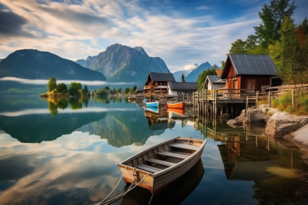 Serene Reflections: Bavarian Alps and Charming Boat Houses on Lake Kochelの素材
