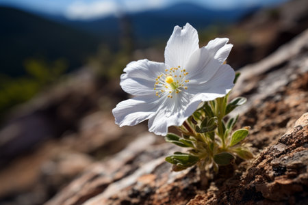 The Serene Beauty of a White Flower Blooms Amidst a Scenic Mountain Hiking Trailの素材