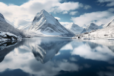 Winter Wonderland: Majestic Snow-covered Mountains at Oltedalsvatnet Lake, Gjesdal Commune, Norwayの素材