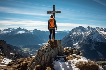 Awe-inspiring Achievement: Female Hiker Conquers Mount Sinacher Gupf in Scenic Karawanks, Austriaの素材